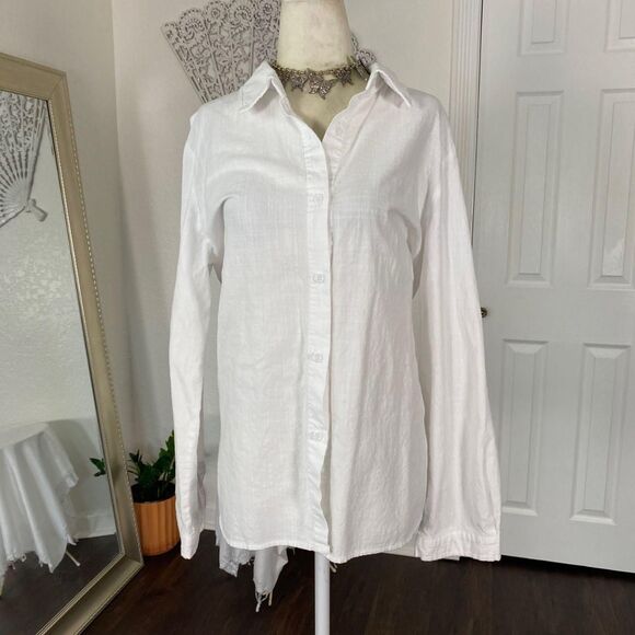 Preppy Boho White Cotton Button Up Long Sleeve Oversized Blouse Top L - Picture 2 of 7